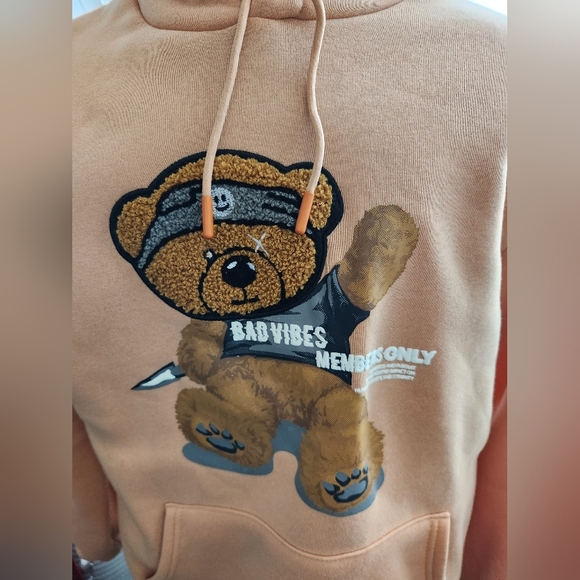Members Only Bad Vibes Brown Bear Graphic Hoodie Tan Mens Medium - Picture 2 of 11